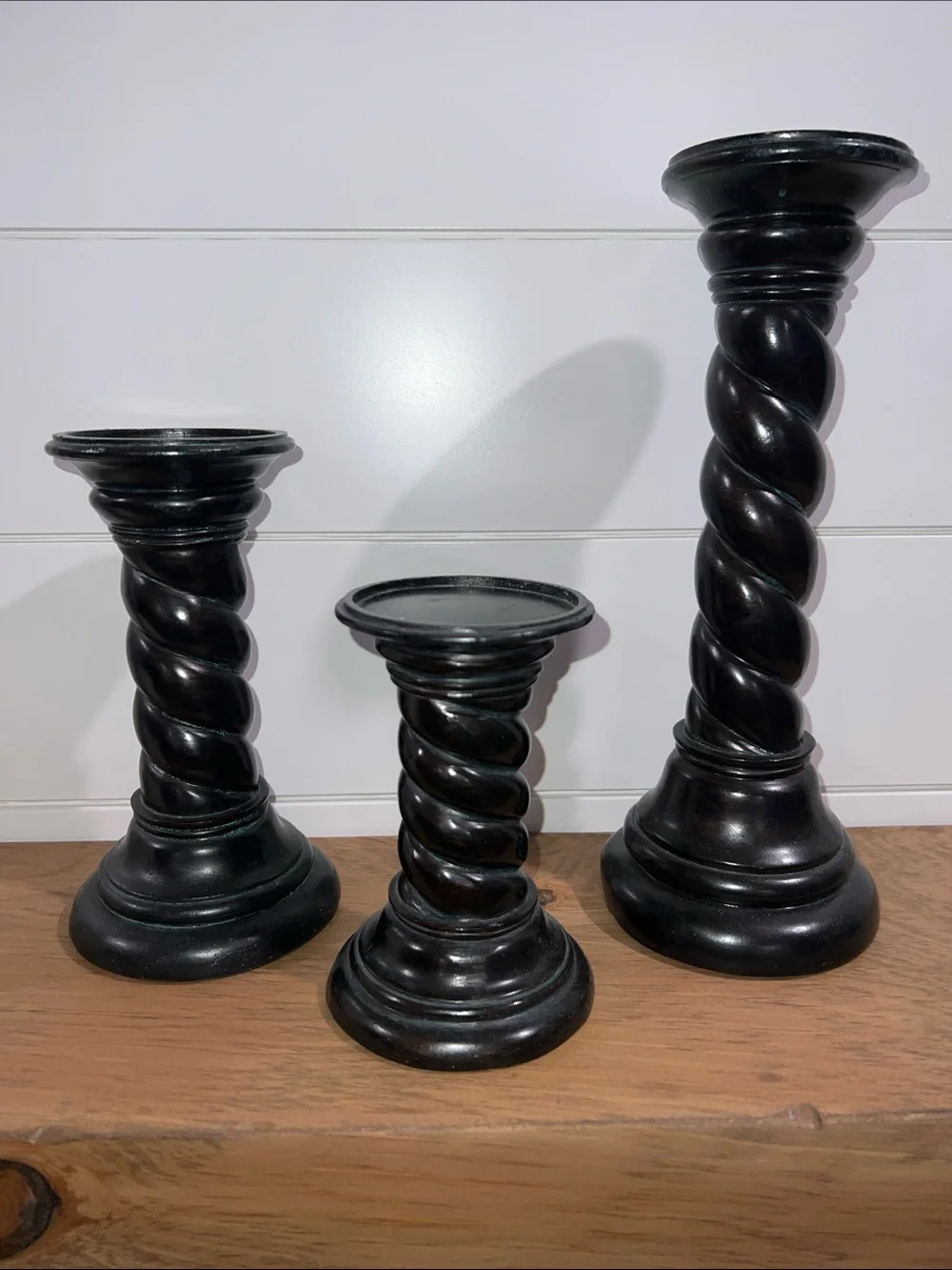Vintage Classic Black Twisted Wood Candlestick Set with White Pillar Candles - Picture 8 of 15